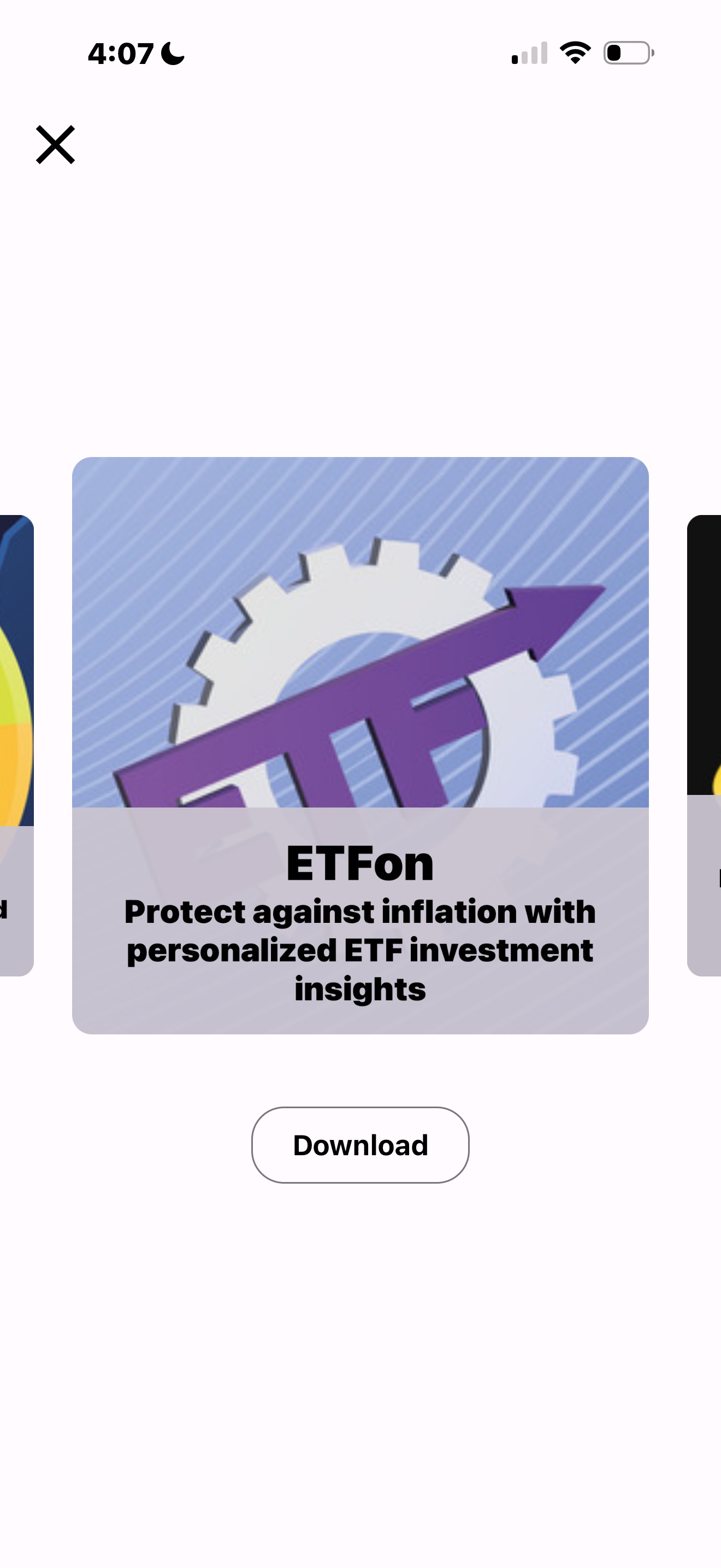 Penny Gems Our Apps carousel showing ETFon